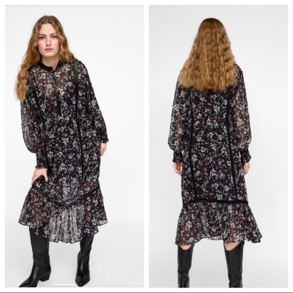 ZARA Maxi black white red floral Print Dress Smal